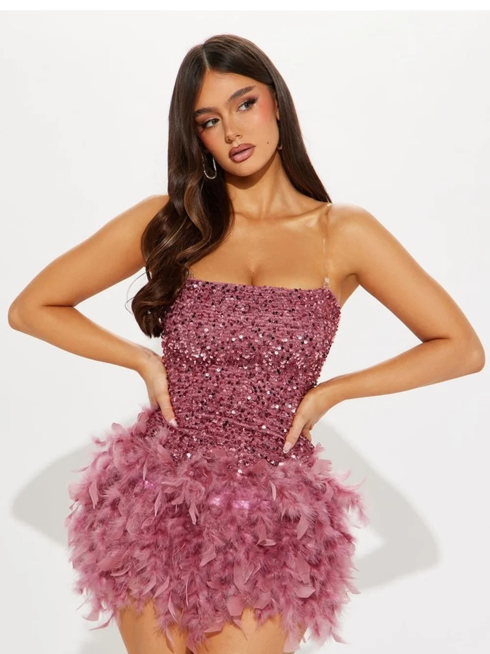 Strapless Rose Pink Sequin Feather Cocktail Dress